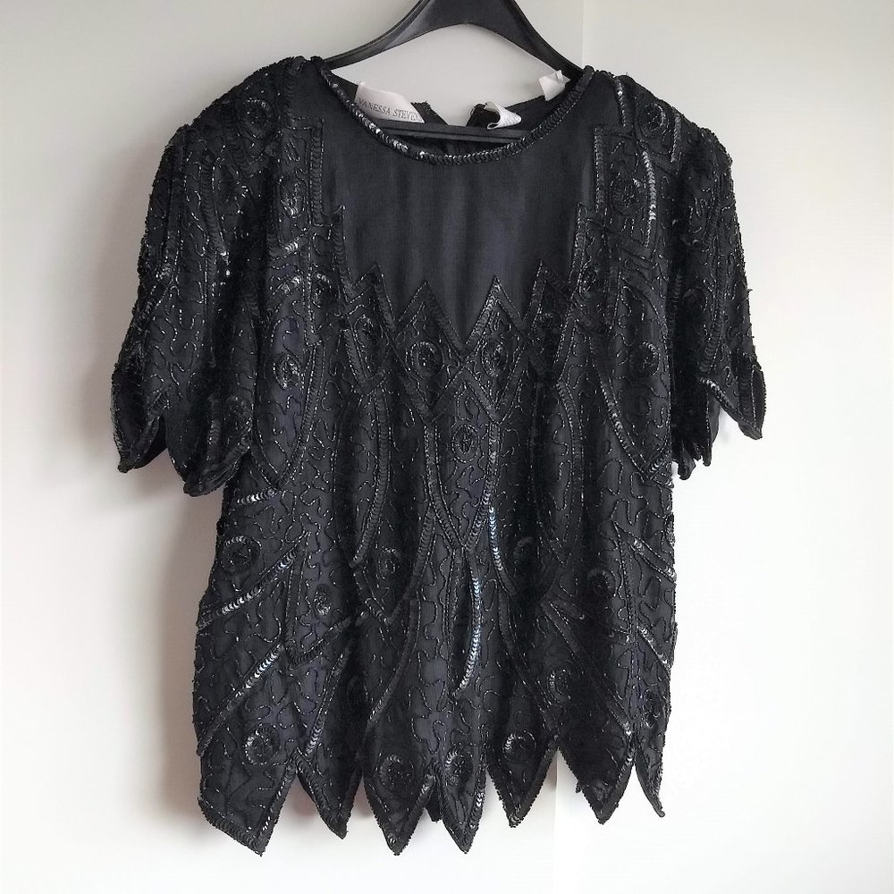 vintage 80s short sleeve black silk sequin cocktail top NWOT